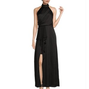 Alex Marie Lexi Black Halter Neck Sleeveless Draped Thigh High Slit Crepe Gown